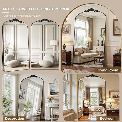 Antok Arched Full Length Mirror, 72"x44" Floor Mirror with Carved, Full Body Mirrors for HomeDecor, Standing/Halling Large Wall Mirror for Bedroom, Living Room, Cloakroom, Black, Retro Style