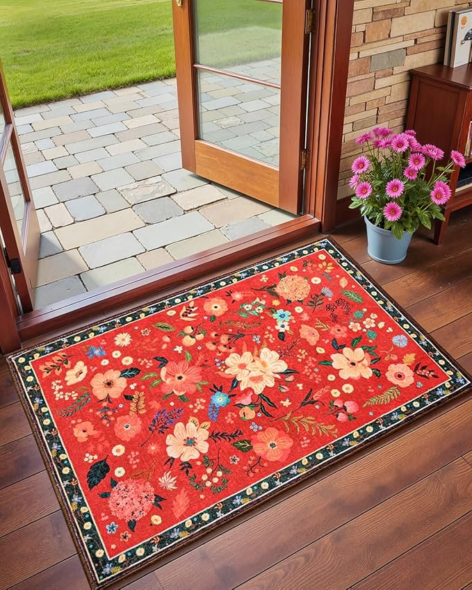 Macgace 2x3 Small Floral Rug for Entryway, Flowers Printed Washable Rugs with Non Slip Backing for Girls Bedroom Kitchen, Cute Throw Carpet Front Door Entry Decor, Christmas Red