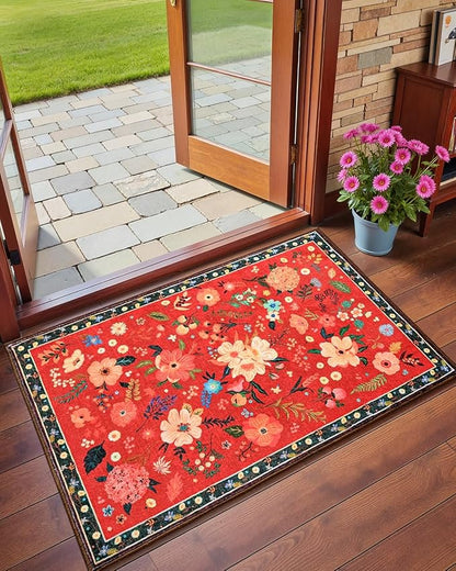 Macgace 2x3 Small Floral Rug for Entryway, Flowers Printed Washable Rugs with Non Slip Backing for Girls Bedroom Kitchen, Cute Throw Carpet Front Door Entry Decor, Christmas Red
