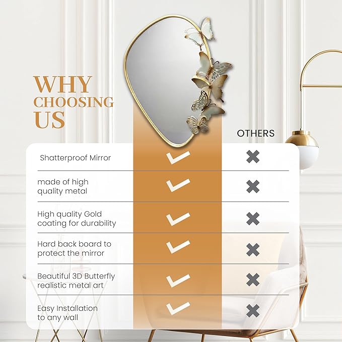 Decorative Wall Mirror with Butterfly Design, Gold Frame, Irregular Shape Perfect for Living Room, entryways, Bathroom, Home Decor