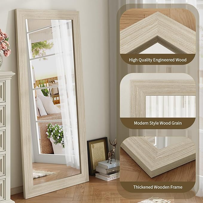 Syndra Modern Full Length Mirror Wood Frame, 65x24'' Large Floor Mirror with HD Tempered Glass & Wall Mount, Rectangular Standing Mirror for Bedroom, Living Room, Entryway, Farmhouse(Grey White Oak)