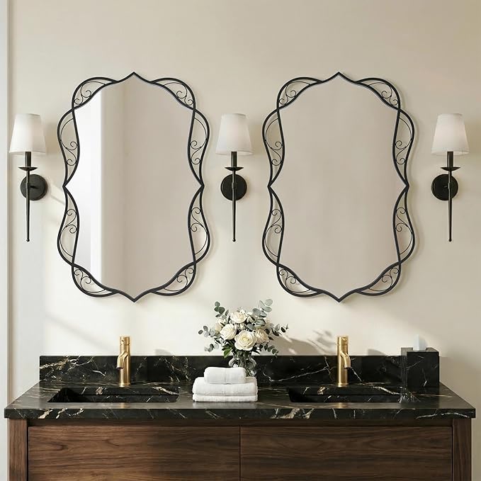Besdomus Modern Black Bathroom Mirror: 24"x36" Scalloped Modern Large Bathroom Vanity Mirrors for Over Sink - Farmhouse Decorative Vertical or Horizontal Hanging for Bathroom/Living Room/Entryway