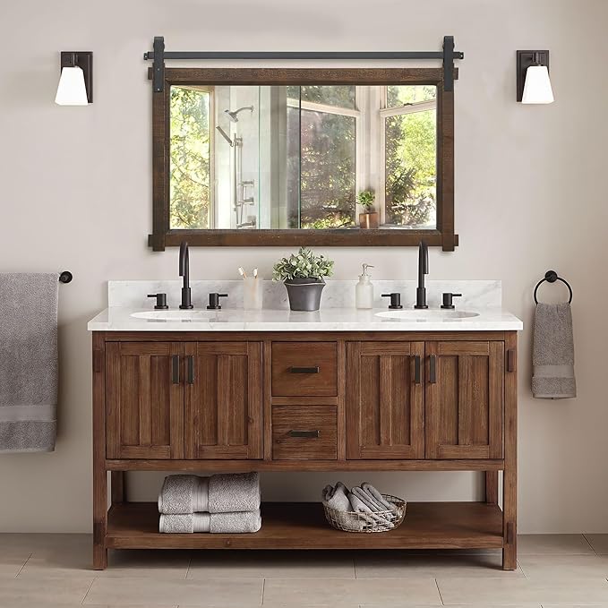 Besdomus Large Bathroom Rustic Mirror: 42"x28" Brown Barn Door Farmhouse Solid Cedar Wood Frame - Wall Decorative Mirror for Bedroom/Entryway/Bathroom - Modern Rustic Decor for Fashion-Conscious