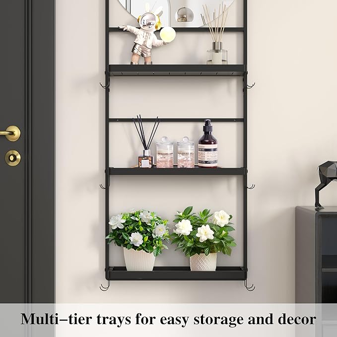 45" X 16" Black Wall Mirror with Shelf and Hooks, Round Mirror for Wall, 3 Trays and 12 Removable Hooks,for Living Room, Hallway, Bedroom (Black-Round)