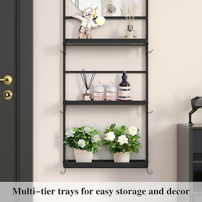 45" X 16" Black Wall Mirror with Shelf and Hooks, Round Mirror for Wall, 3 Trays and 12 Removable Hooks,for Living Room, Hallway, Bedroom (Black-Round)