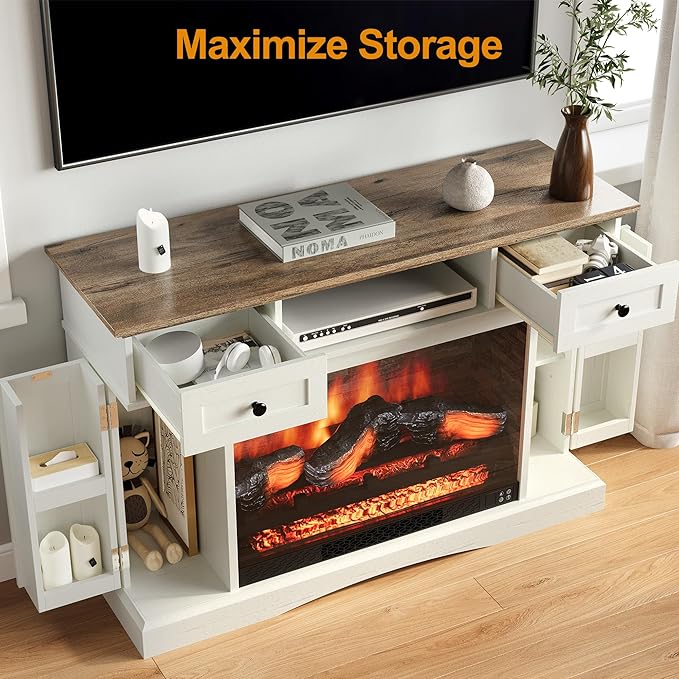 RoyalCraft TV Stand with 28'' Fireplace for TVs up to 55'', Media Console Table with Adjustable Shelves, Double-Door Design, Entertainment Center for Living Room, Bedroom, White