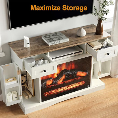 RoyalCraft TV Stand with 28'' Fireplace for TVs up to 55'', Media Console Table with Adjustable Shelves, Double-Door Design, Entertainment Center for Living Room, Bedroom, White