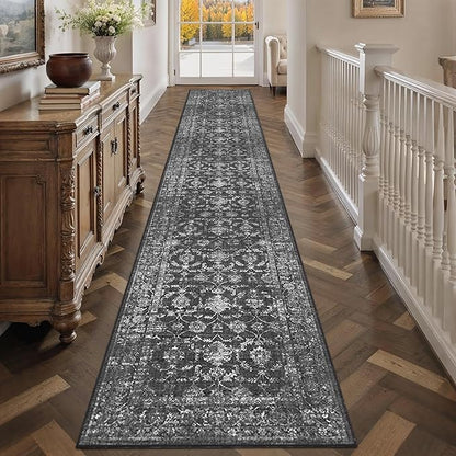 2x12 Black Runner Rug Hallway Washable Area Rugs Kitchen Vintage Boho Non Slip Long Rug Floral Carpet Indoor Retro Soft Low Pile Throw Rug for Bedroom Bathroom Laundry Dining Living Room Office