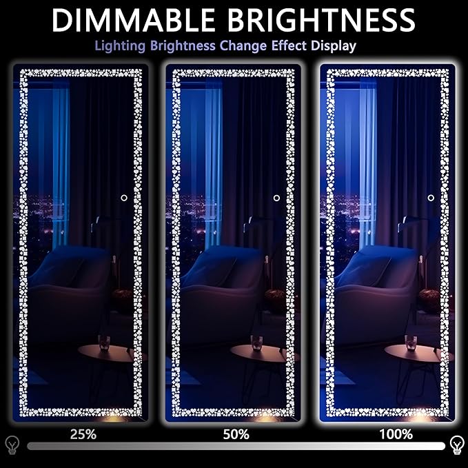 Hasipu 64” x 20" Full Length Mirror with LED Lights, Full Body Mirror for Vanity, Dressing Room, LED Free Standing Floor Mirror, Wall Mounted Mirror Dimming & 3 Color Modes