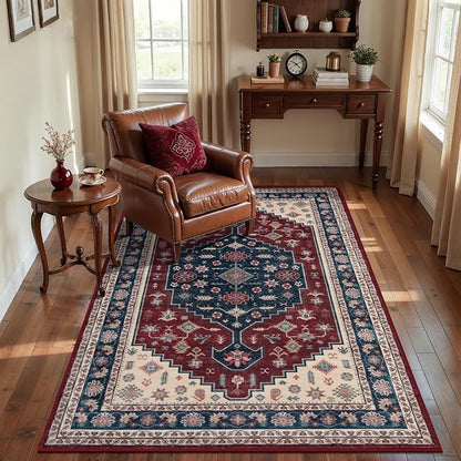 Tangsoo 3x5 Rug for Bedroom,Vintage Ultra Soft Washable Area Rug,Boho Floral Carpet Low Pile Indoor Mat for Front Porch Living Room Patio Entryway Mudroom,Burgundy Blue