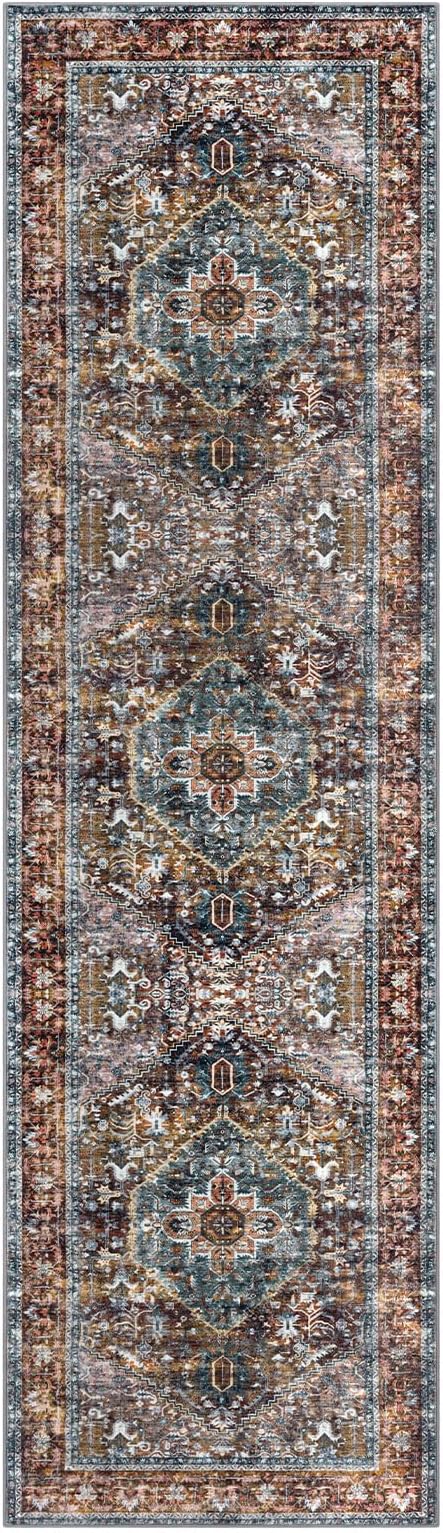 KOZYFLY Area Rug 3x10 Ft Washable Boho Runner Rug for Entryway Hallway Indoor Printed Faux Wool Carpet for Bedroom Kitchen Hall, Brick Red/Orange/Green