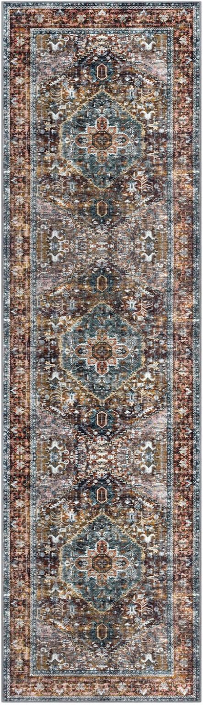 KOZYFLY Area Rug 3x10 Ft Washable Boho Runner Rug for Entryway Hallway Indoor Printed Faux Wool Carpet for Bedroom Kitchen Hall, Brick Red/Orange/Green