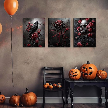 Gothic Canvas Wall Art Set of 3, Romantic Rose Halloween Wall Decor Paintings, Dark Goth Crow Skull Posters Prints for Bathroom Living Room Gallery Home Decor 16x24In Framed