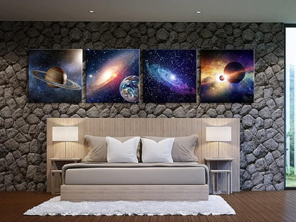 Wieco Art Star Sky Space Canvas Paintings Wall Art Large Modern 4 Piece Universal Magic Power Astronomy Pictures Artwork Stretched and Framed Giclee Canvas Prints for Living Room Home Decor