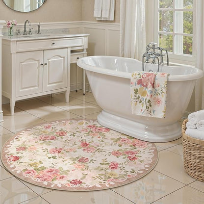 Lahome Floral Round Entryway Rug 4ft,Small Washable Circle Rug for Girls Bedroom Bathroom,Vintage Carpet for Kids Room, Nursery,Office, College Dorm Reading Nina