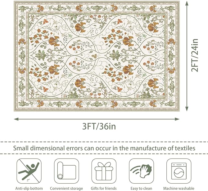 Floral 2x3 Washable Vintage Entryway Rug Non Slip Low Pile Small Rugs, Front Door Rugs for Entrance Kitchen Bedroom Laundry Bathroom,Beige White