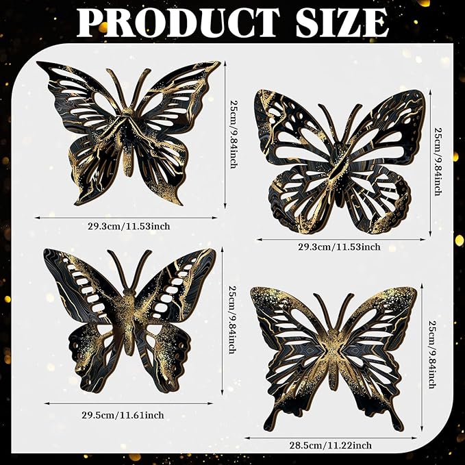 Qunclay 4 Pcs Wooden Butterfly Wall Decor Large Butterfly Wall Art Boho Home Hanging Modern Sculpture Decorations Modernist Signs for Living Room Bathroom Yard Gallery Indoor Outdoor(Black, Gold)