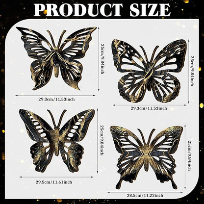Qunclay 4 Pcs Wooden Butterfly Wall Decor Large Butterfly Wall Art Boho Home Hanging Modern Sculpture Decorations Modernist Signs for Living Room Bathroom Yard Gallery Indoor Outdoor(Black, Gold)