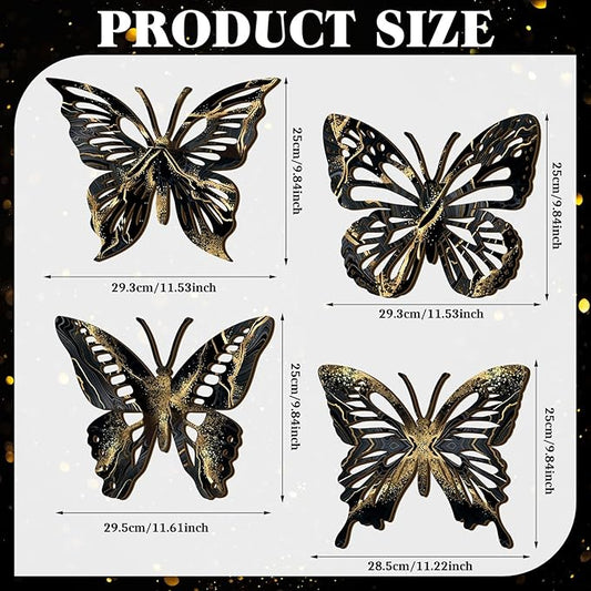 Qunclay 4 Pcs Wooden Butterfly Wall Decor Large Butterfly Wall Art Boho Home Hanging Modern Sculpture Decorations Modernist Signs for Living Room Bathroom Yard Gallery Indoor Outdoor(Black, Gold)