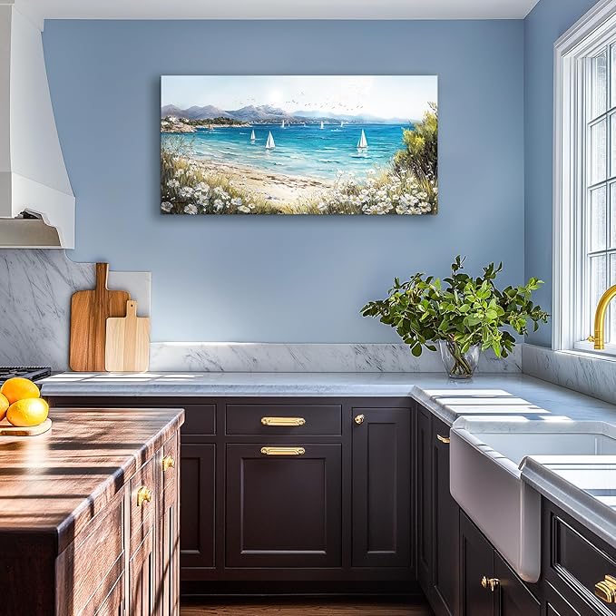 SERIMINO Coastal Landscape Large Wall Art, Beach Daisy Canvas Art Prints, Bay Sailboat Artwork for Walls, Nature Ocean Scenery Paintings Wall Decor Living Room Bedroom, Rustic Home Decor 20"X40"