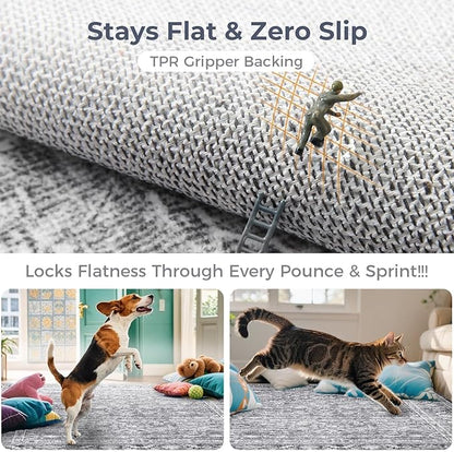 OPPODREAM Vintage Grey Round Rug 3ft, 3 ft Retro Washable Circle Rug Non Slip, Low-Pile Faux Wool Circular Carpet, Distressed Gray Floor Mat for Living Room, Bedroom, Office, Dorm, Dinning Room