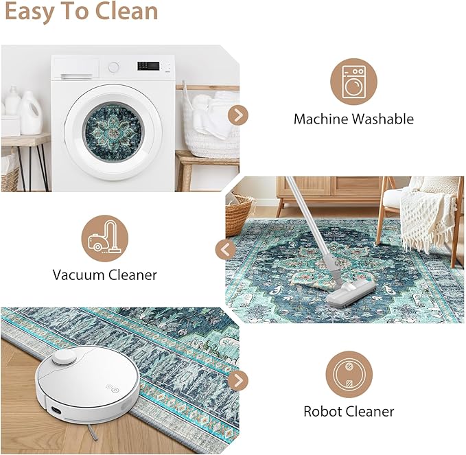 BESTSWEETIE 9x12 Area Rug Washable Rugs for Living Room, No Pile Boho Carpet for Entryway Bedroom Dinning Room, Vintage Carpet Print Distressed Non-Slip, 9 x 12 ft, Teal Dark Green