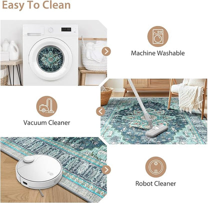 BESTSWEETIE 8ft Area Rug Washable Rugs for Living Room, No Pile Boho Carpet for Entryway Bedroom Dinning Room, Vintage Carpet Print Distressed Non-Slip, 96" Round, Teal Dark Green