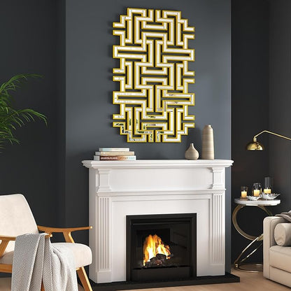 KOHROS Large Modern Gold Wall Mirror - 46.5"x30" Geometric Maze Design Decorative Mirror