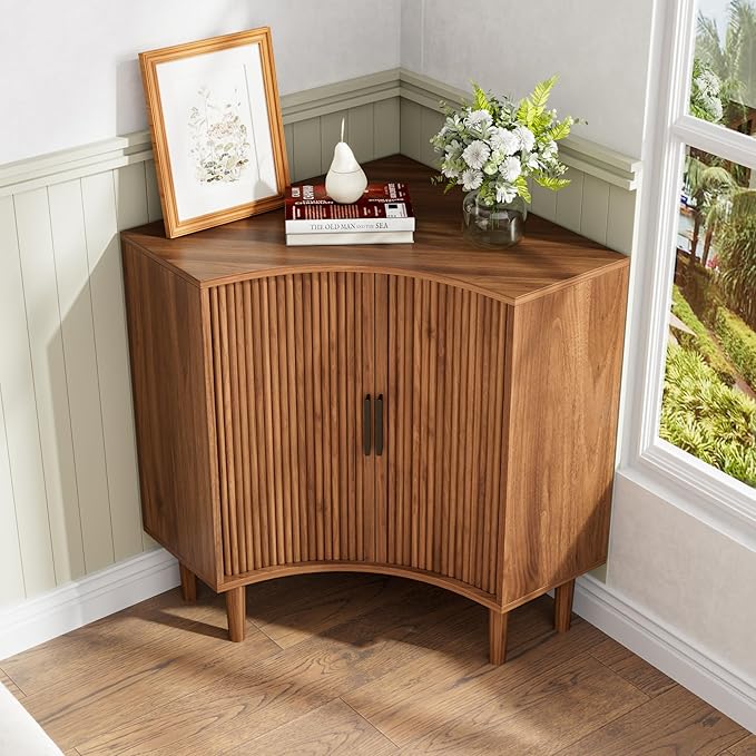 Fluted Corner Cabinet, Small Corner Floor Cabinet with Sliding Doors and Adjustable Shelves, Modern Wooden Freestanding Narrow Storage Organizer for Small Space,Living Room, Dining Room, Bathroom
