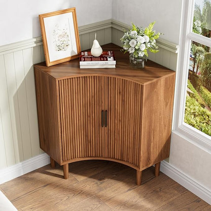 Fluted Corner Cabinet, Small Corner Floor Cabinet with Sliding Doors and Adjustable Shelves, Modern Wooden Freestanding Narrow Storage Organizer for Small Space,Living Room, Dining Room, Bathroom