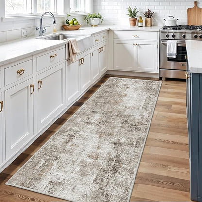 3x10 Ft Long Hallway Runner Rug - Non-Slip Washable Kitchen Runner Rug with Rubber Backing | Modern Abstract Wide Floor Carpet Runner for Indoor Entryway, Bedroom, Living Room, Beige/Grey/Brown