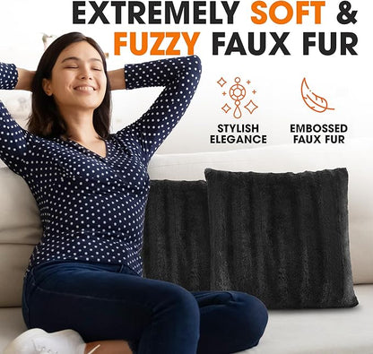 Cheer Collection Faux Fur Throw Pillows - Decorative Pillows for Couch, Bed Throw Pillows, Black Accent Pillows for Bedroom or Living Room Aesthetic, Set of 2 Furry Throw Pillows, 18”x18”