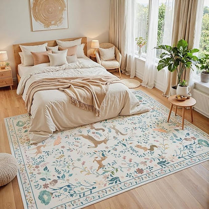 8x10 Area Rugs Washable Rug: Lagre Boho Living Room Rug Soft Non-Slip Thin Carpet Indoor Floor Non-Shedding Neutral Floral Carpets for Bedroom Dining Room Farmhouse Nursery Cream Gray