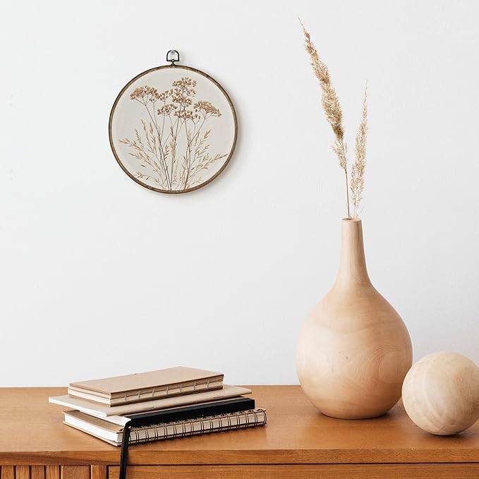 TLESKE Beige Vintage Botanical Round Wall Art Decor Framed 10x10, Boho Floral Wildflower Canvas Wall Art Prints Artwork, Fall Neutral Bohemian Wall Hanging Decor Decorations for Bedroom Living Room