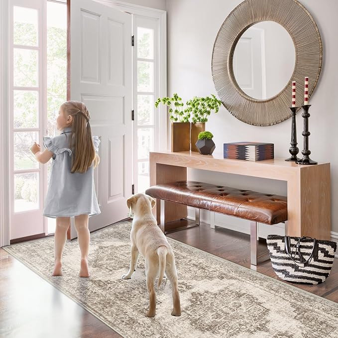 Area Rug 2x6 Runner Rugs: Washable Vintage Hallway Rug Indoor Medallion Rugs Low Pile Distressed Floor Carpet Retro Accent Rug for Kitchen Bedroom Bathroom Dining Room(Taupe, 2'x6')