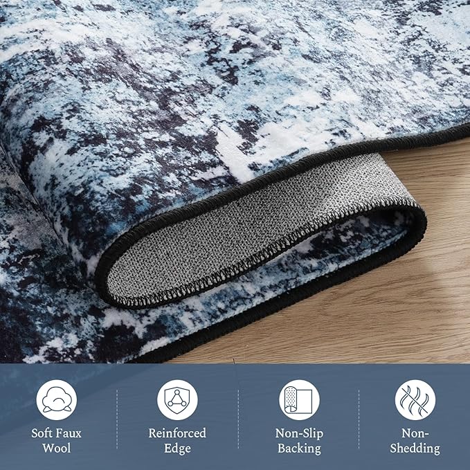 Rugflix 2x10 Runner Rug for Entryway, Kitchen Rugs Soft Non-Slip Washable Runners for Hallway, Abstract Small Carpet with Non-Slip Rubber for Bedroom, Living Room, Navy Blue/Black