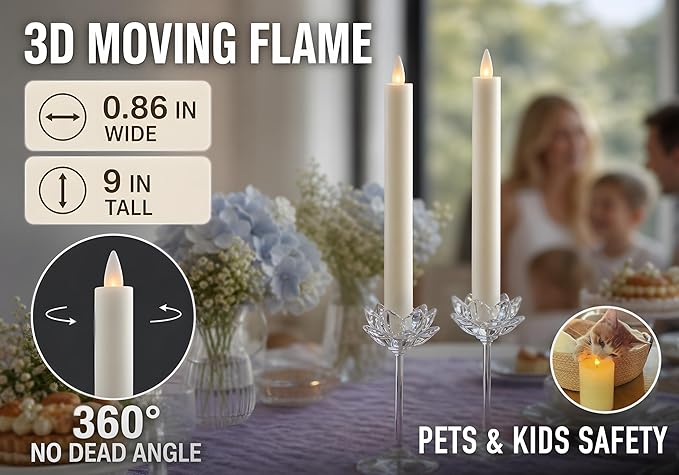 Flameless Taper Candles Flickering with Remote and Timer, 3D Moving Flame Taper Candle Battery Operated to 400 Hours, 9 Inch Window Candles, (White)