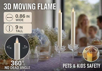 Flameless Taper Candles Flickering with Remote and Timer, 3D Moving Flame Taper Candle Battery Operated to 400 Hours, 9 Inch Window Candles, (White)