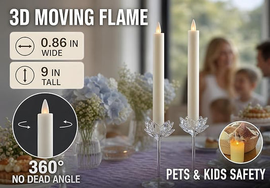 Flameless Taper Candles Flickering with Remote and Timer, 3D Moving Flame Taper Candle Battery Operated to 400 Hours, 9 Inch Window Candles, (White)