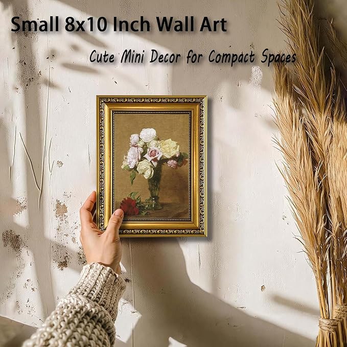 YD&YZY Gold Framed Vintage Wall Art Canvas Henri Fantin Latour Roses Floral Retro Farmhouse Wall Decor Rustic Cottagecor Painting Picture Print for Dining Room Bedroom 8x10 inch Small Framed