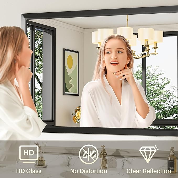 Briivue 36x30 Inch Black Bathroom Mirror for Wall, Thick Metal Framed Rectangle Mirrors for Over Sink, Bedroom, Living Room, Entryway, Anti-Rust, HD Tempered Glass