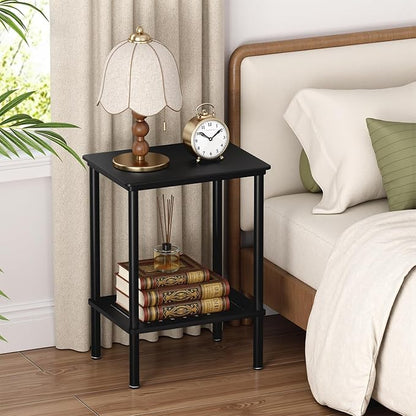 2 Tier Small Side Table, Bedside Table, Narrow Entryway Table, Bamboo End Table with Storage Shelf, Bedroom Nightstand, Mini Accent Table, Small Coffee Table, Plant Stand, Black
