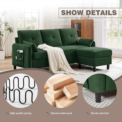 77" Convertible Sectional Sofa, Small L Shaped Couch with Storage Chaise, 3 Seats Modern Polyester Fabric Couches for Living Room, Apartment and Small Space, Green