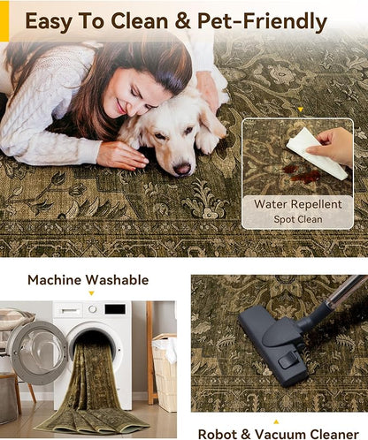 RELEANY Area Rugs 6'x9' Washable Non-Slip, Floral Vintage Distress Print Pattern Medallion Carpet for Living Room Bedroom Dining Room, Brown Dark Brown