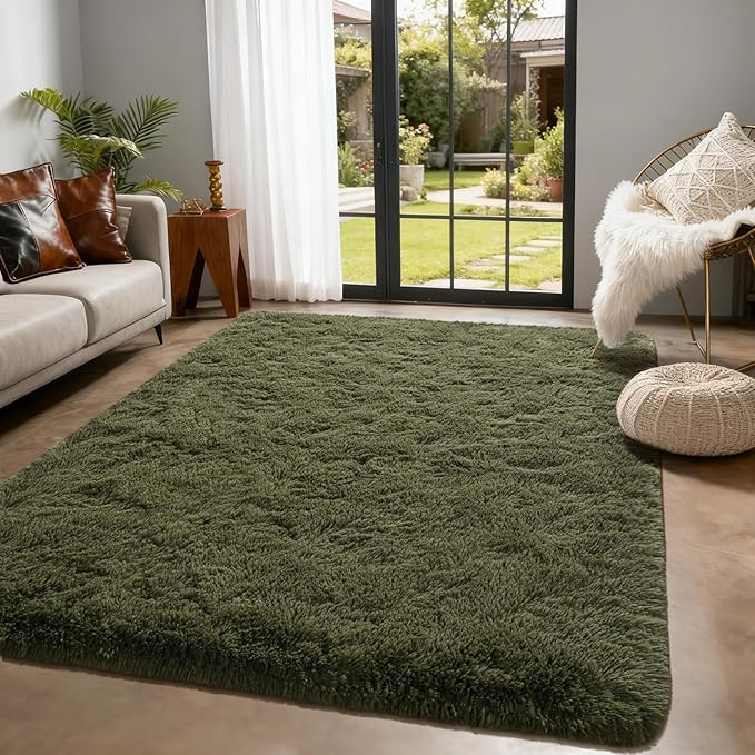 Andecor Shag Area Rug for Living Room, 3x5 Feet Olive Green Soft Fluffy Indoor Plush Throw Rugs for Bedroom Girls Kids Room Nursery Dorm Home Decor Carpet