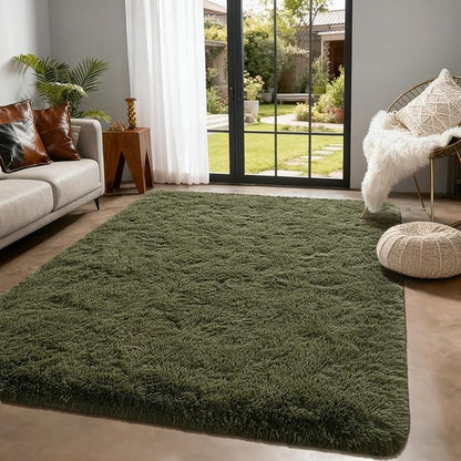 Andecor Shag Area Rug for Living Room, 3x5 Feet Olive Green Soft Fluffy Indoor Plush Throw Rugs for Bedroom Girls Kids Room Nursery Dorm Home Decor Carpet