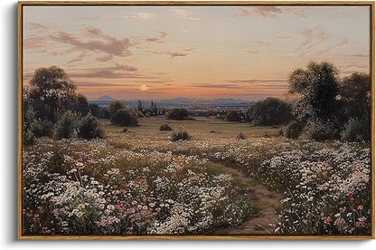 InSimSea Framed Canvas Prints Vintage Decor, Sunset Flower Field Landscape Paintings Wall Art, Large Countryside Farmhouse Hanging Wall Decor for Living Room Bedroom, 24x36inch