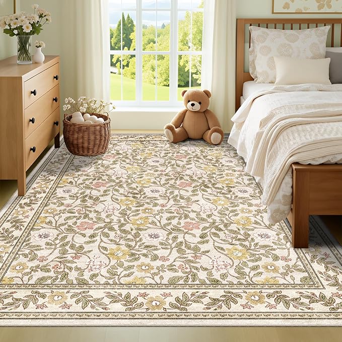 Floral Living Room Rug 6x9 Machine Washable Boho Area Rug Non Slip Vintage Low Pile Carpet for Bedroom, Farmhouse, Dining Room, Kids Playroom,Beige/Multi