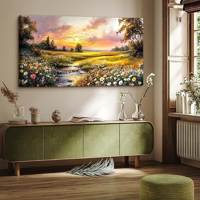 crmotu Nature Sunset Wall Art, Pastoral Extra Large Landscape Painting, River Meadow Wildflower Canvas Prints, Rustic Wall Pictures for Living Room Dining Room Farmhouse Decor Ready to Hang 29X57 In