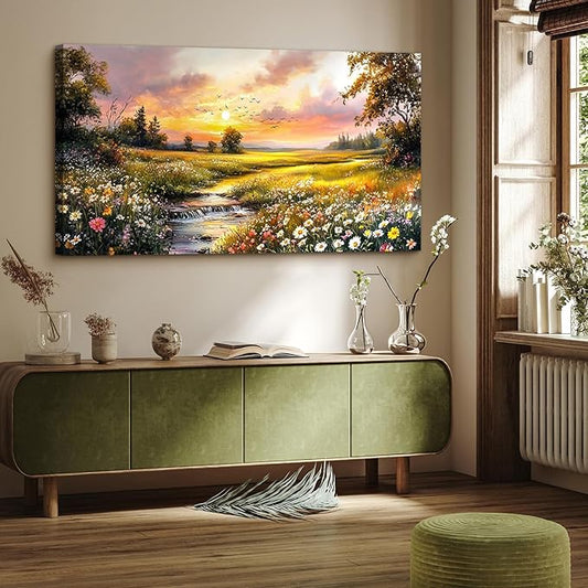 crmotu Nature Sunset Wall Art, Pastoral Extra Large Landscape Painting, River Meadow Wildflower Canvas Prints, Rustic Wall Pictures for Living Room Dining Room Farmhouse Decor Ready to Hang 29X57 In